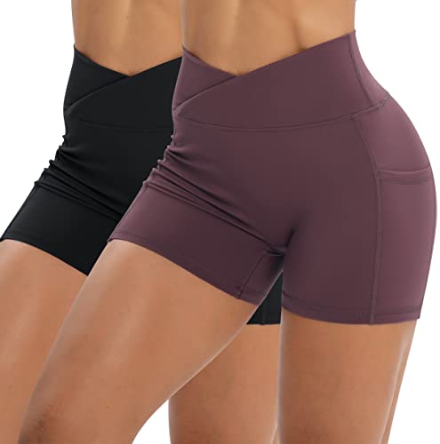 Women's Cross Waist Workout Shorts 2 Pcs Pack with Side Pockets