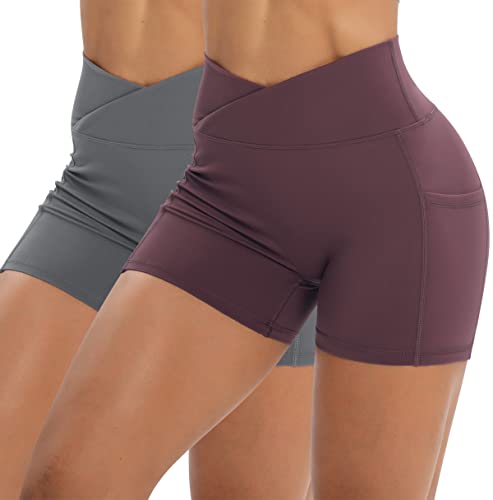 Women's Cross Waist Workout Shorts with Side Pockets