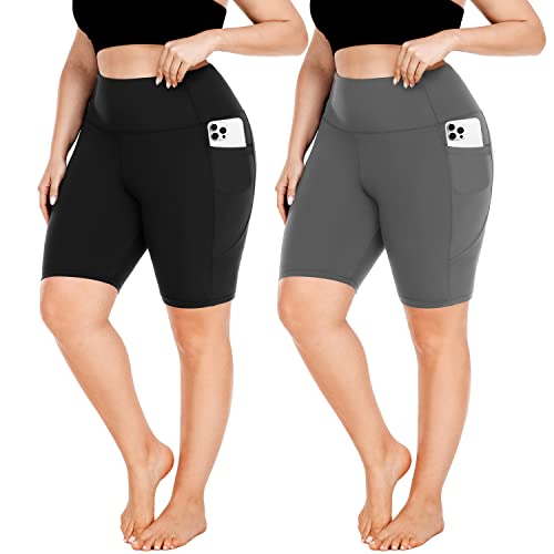 Plus Size Biker Shorts for Women - High Waist X-Large-4X - Tummy Control Shorts with Pockets (2 Pack)