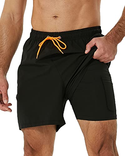 SILKWORLD Mens 2-in-1 Quick-Dry Swim Shorts with Compression Liner