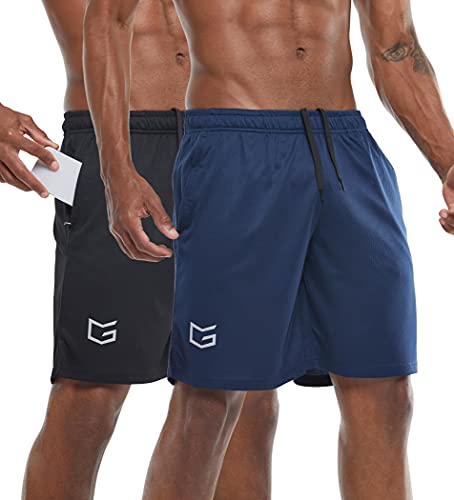 G Gradual Men's 7" Workout Running Shorts with Zip Pockets (2 Pack: Navy Blue/Black Large)