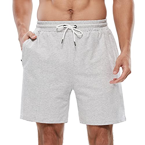 HEALONG Mens Athletic Shorts Cotton - 7" Elastic Waist Drawstring Fashion Casual Sports Grey