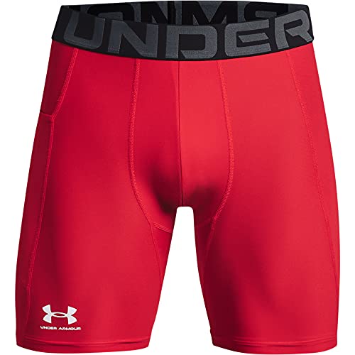 UA Men's HeatGear Compression Shorts, Red/White, Large
