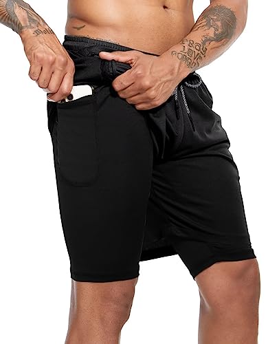 BAYAMO Men's 2 in 1 Running Shorts with Zipper Pockets