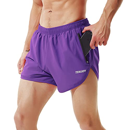 TENJOY Men's Split-Leg Running Shorts with Zipper Pocket - Purple