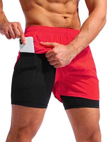 Pudolla Men’s 2 in 1 Running Shorts - Comfortable Gym Shorts with Phone Pockets