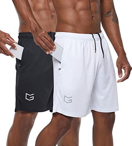 G Gradual Men's 7" Workout Shorts with Zip Pockets (2 Pack: Black/White Medium)