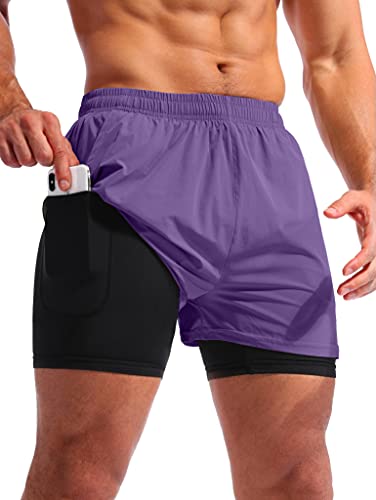 Men's 2 in 1 Running Shorts - Quick Dry Gym Athletic Workout Shorts with Phone Pockets