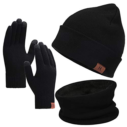 Winter Men Beanie Hat, Scarf, Touch Screen Gloves Set